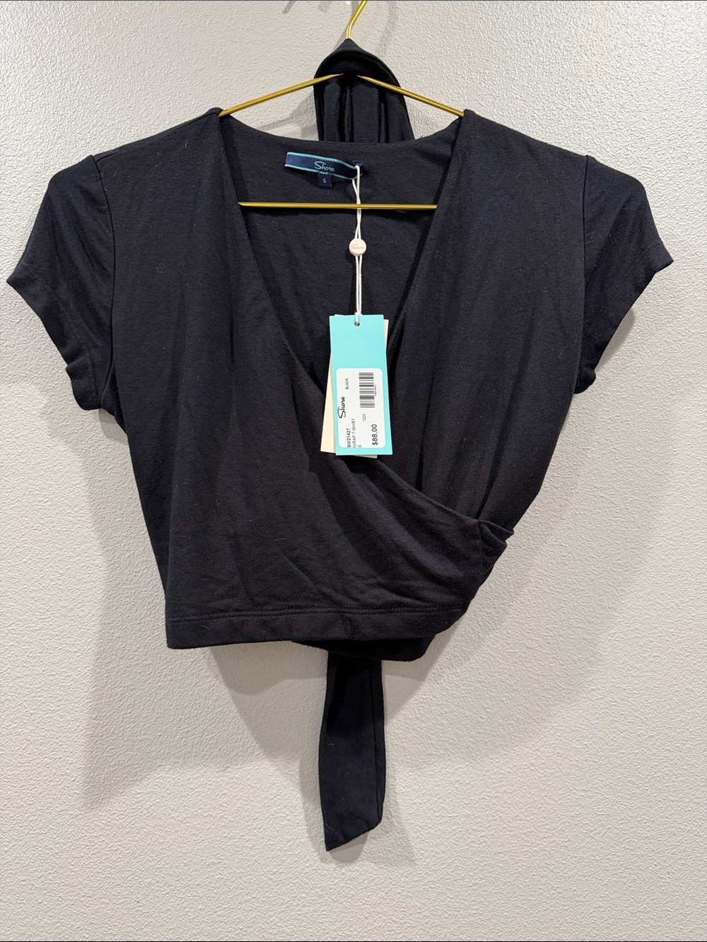 Shore Black Short-Sleeve Wrap Crop Top Size Small BNWT